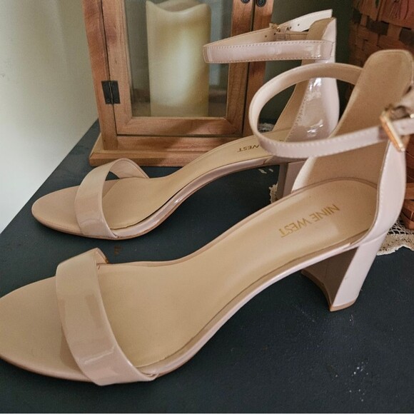 Nine West | Women’s 10.5 M | Nude Patent Ankle-Strap Block Heel Sandals | Elegan - Picture 1 of 6